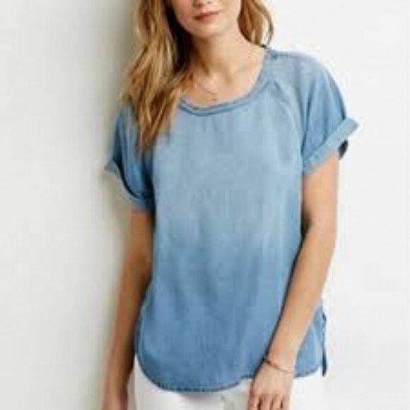 Anthropologie Cloth & Stone Chambray T Shirt Coastal Cowgirl Boho Chic Farmer - Picture 2 of 10